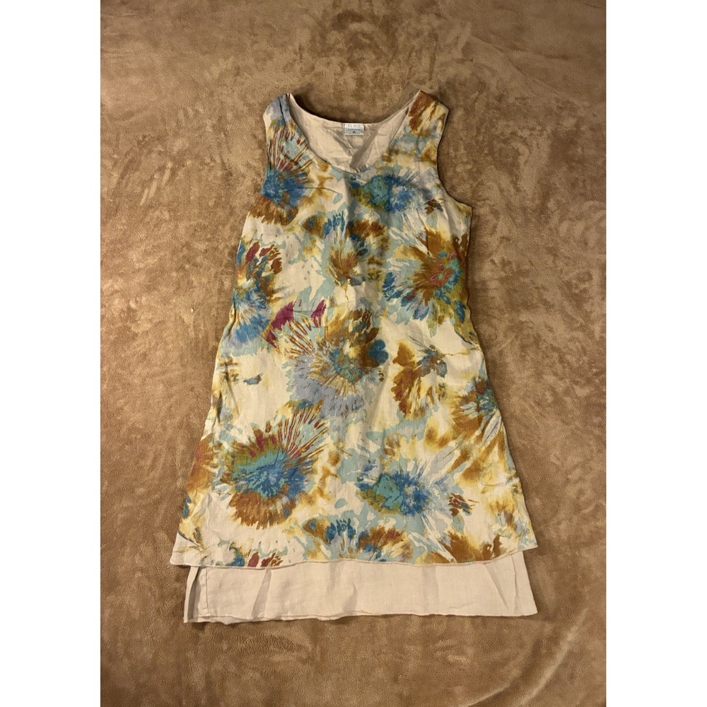 VTG CMC Womens Dress XL Linen Floral Lace Up Back Blue Gold Tan 90s Corset Back